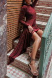 Red Sexy Patchwork Sequins Half A Turtleneck Irregular Dress Dresses