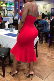 Red Sexy Solid Patchwork Spaghetti Strap Irregular Dress Dresses