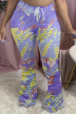 Blue Casual Print Mid Waist Speaker Bottoms