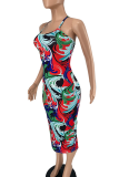 Colour Sexy Print Backless Halter Pencil Skirt Dresses