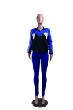 Deep Blue Fashion Casual Patchwork Basic Zipper Collar Long Sleeve Two Pieces