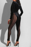 Black Fashion Sexy Patchwork Solid See-through V Neck Skinny Jumpsuits