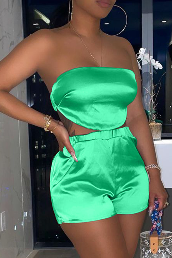 Green Sexy Solid Patchwork Strapless Sleeveless Two Pieces