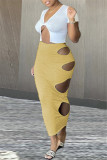 Yellow Fashion Sexy Solid Hollowed Out Asymmetrical V Neck Short Sleeve Two Pieces