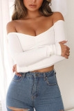 White Red Black Blue Pink Orange One word collar Long Sleeve Solid Tops