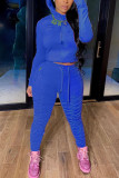 Royal blue Fashion Casual Adult Solid Fold Hooded Collar Long Sleeve Regular Sleeve Regular Two Pieces