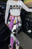 White Casual Print Letter O Neck Long Sleeve Two Pieces