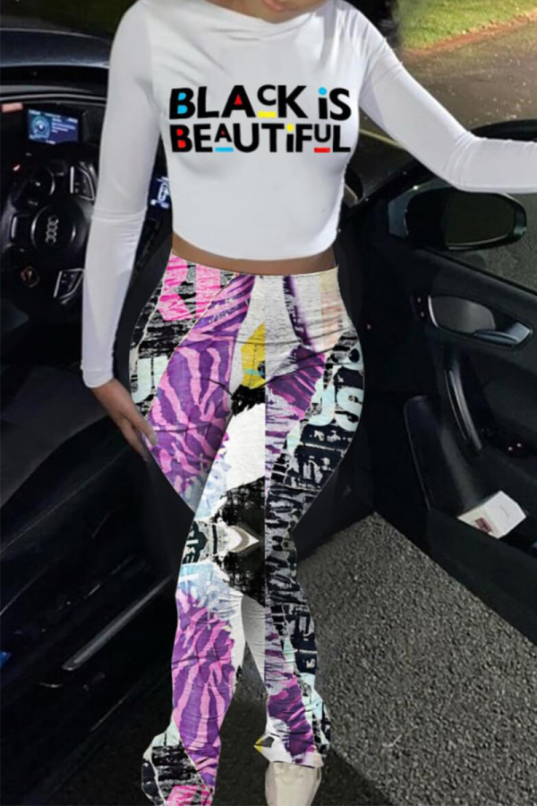 White Casual Print Letter O Neck Long Sleeve Two Pieces