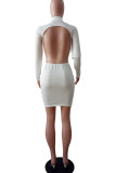 White Sexy Solid Hollowed Out Split Joint Backless Mandarin Collar Pencil Skirt Dresses