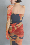 Orange Street Polyester Print Split Joint O Neck Long Sleeve Short Two Pieces