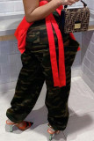 Army Green Casual Camouflage Print Ripped Loose Mid Waist Lantern Bottoms