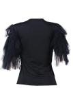 White O Neck Half Sleeve Mesh Solid Patchwork