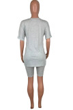 Grey Fashion Casual adult Ma'am Patchwork Solid asymmetrical Two Piece Suits pencil Short Sleeve Two Pieces