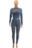 Grey Work Daily Solid Ripped O Neck Long Sleeve Two Pieces