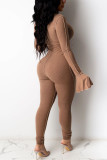 Coffee Fashion Sexy Solid Split Joint V Neck Skinny Jumpsuits