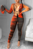 Orange Sexy Print Bandage Skinny Jumpsuits