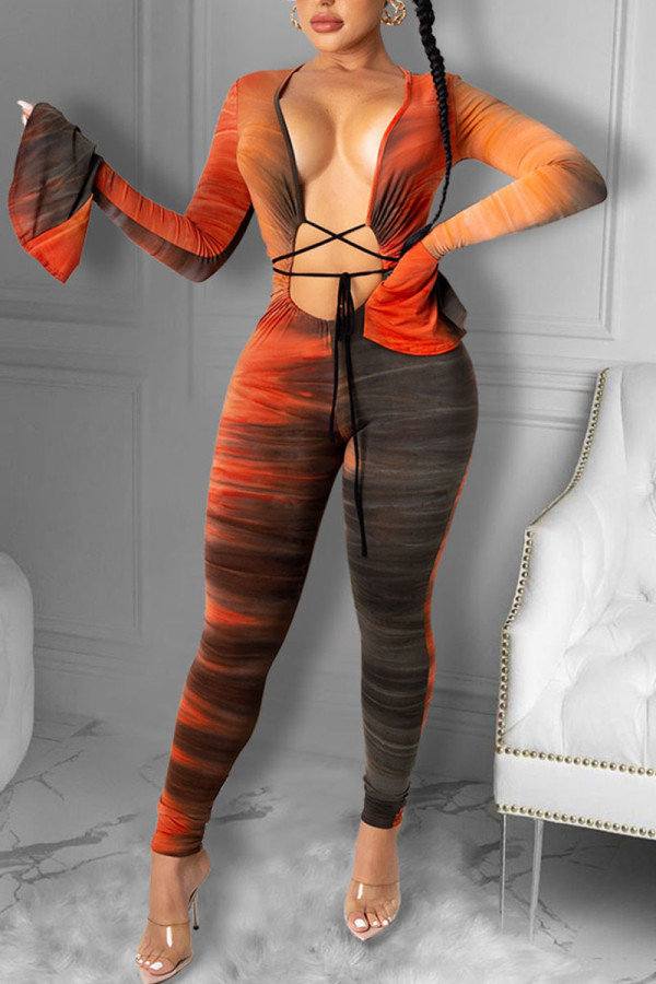 Orange Sexy Print Bandage Skinny Jumpsuits