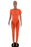 Orange Fashion Sexy Hollow Patchwork Polyester Short Sleeve O Neck Jumpsuits