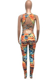 Orange Fashion street Print zipper Sleeveless O Neck Jumpsuits