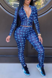 Blue Sexy Print Patchwork Mandarin Collar Skinny Jumpsuits