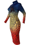 Green OL Cap Sleeve Long Sleeves half high collar Step Skirt Knee-Length Leopard Print