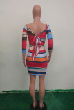 Multicolor Sexy Striped Patchwork Bateau Neck Pencil Skirt Dresses