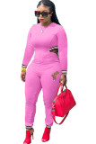 Pink Casual Solid Long Sleeve O Neck Jumpsuits