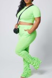 Fluorescent green Polyester Fashion Sexy adult Ma'am O Neck Solid Draped Two Piece Suits Draped Plus Size