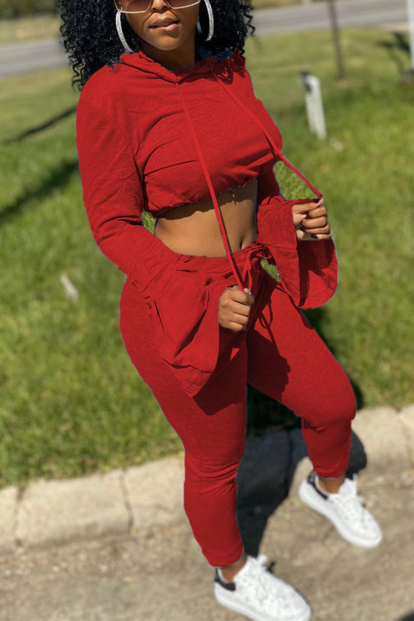 Red Casual Solid Draw String Hooded Collar Long Sleeve Two Pieces
