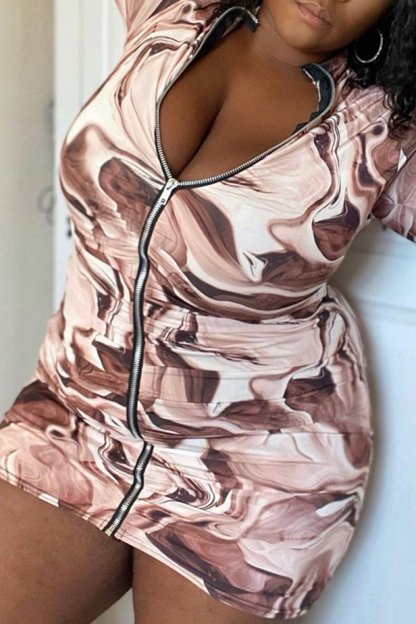 Brown Sexy Print Split Joint Zipper Collar Pencil Skirt Plus Size Dresses