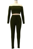 Army Green Fashion Sexy Adult Polyester Solid Split Joint Bateau Neck Long Sleeve Regular Sleeve Short Two Pieces