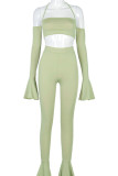 Green Casual Solid Split Joint Backless Spaghetti Strap Long Sleeve Two Pieces