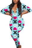 Baby Blue Casual Polyester Print V Neck Regular Jumpsuits