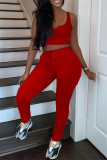 Red Casual Sportswear Solid Vests Pants V Neck Sleeveless Two Pieces