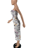 White Sexy Print Patchwork Strapless Pencil Skirt Dresses