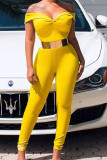 Yellow Fashion Sexy Solid Backless With Belt Off the Shoulder Skinny Jumpsuits