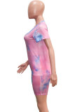 Light Blue Fashion Casual Active Polyester Print Tie Dye Short Sleeve Two Pieces