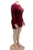 Wine Red Sexy Vintage Pleuche Tatting Solid Bandage Hollowed Out Cross Straps V Neck A Line Plus Size 