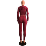 Wine Red Drawstring Mid Patchwork pencil Pants Two-piece suit