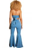 Blue Fashion adult Sexy backless Solid Two Piece Suits Bandage Boot Cut Sleeveless Two-piece P