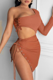 Rose Red Fashion Sexy Solid Slit One Shoulder Long Sleeve Two Pieces