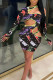 multicolor Sexy Polyester Print Hollowed Out O Neck Long Sleeve Knee Length Sheath Dresses