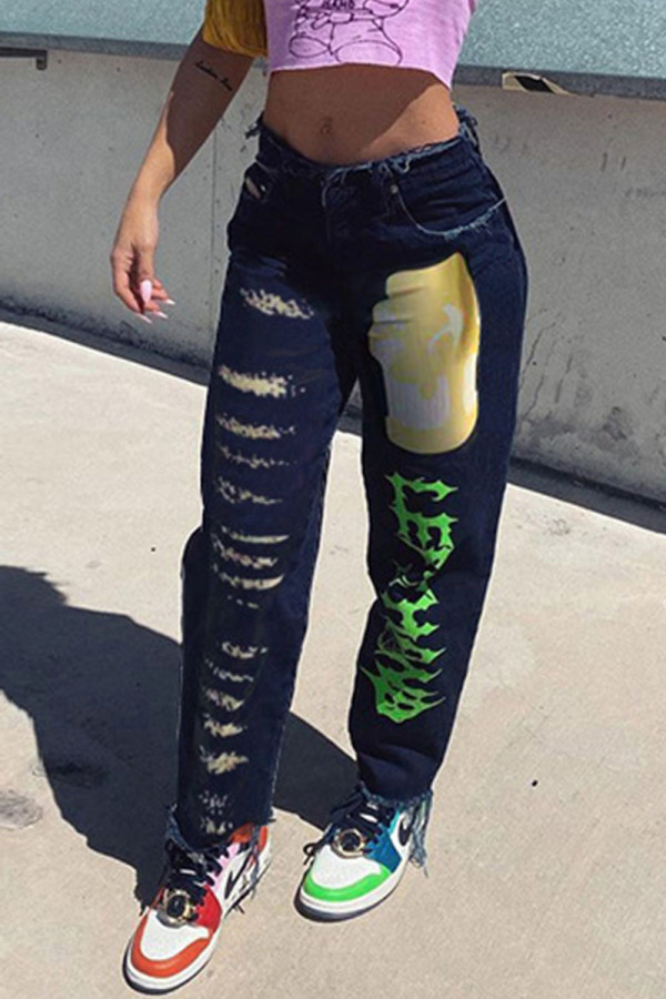 Tibetan Blue Work Daily Print Without Belt Regular High Waist Pencil Bottoms