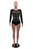 Red Fashion Sexy Patchwork See-through Hot Drill O Neck Skinny Romper