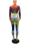 Multicolor Casual Print Patchwork Turndown Collar Skinny Jumpsuits