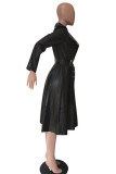 Black Turndown Collar Belt Synthetic Leather Pure Long Sleeve Outerwear