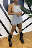 Blue Sexy Casual Solid Backless O Neck Sleeveless Two Pieces