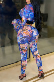 Blue Sexy Geometric Print Patchwork O Neck Long Sleeve Two Pieces