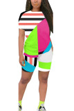 Fluorescent green Fashion Casual Patchwork Print Two Piece Suits pencil Short Sleeve Two Pieces