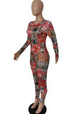 Red Fashion Casual Street Blends Print Leopard Floral O Neck Regular Jumpsuits